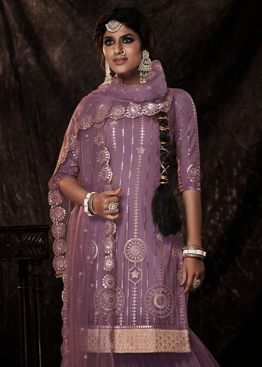 Royal Purple Designer Soft Net Sharara Suit with Sequin work