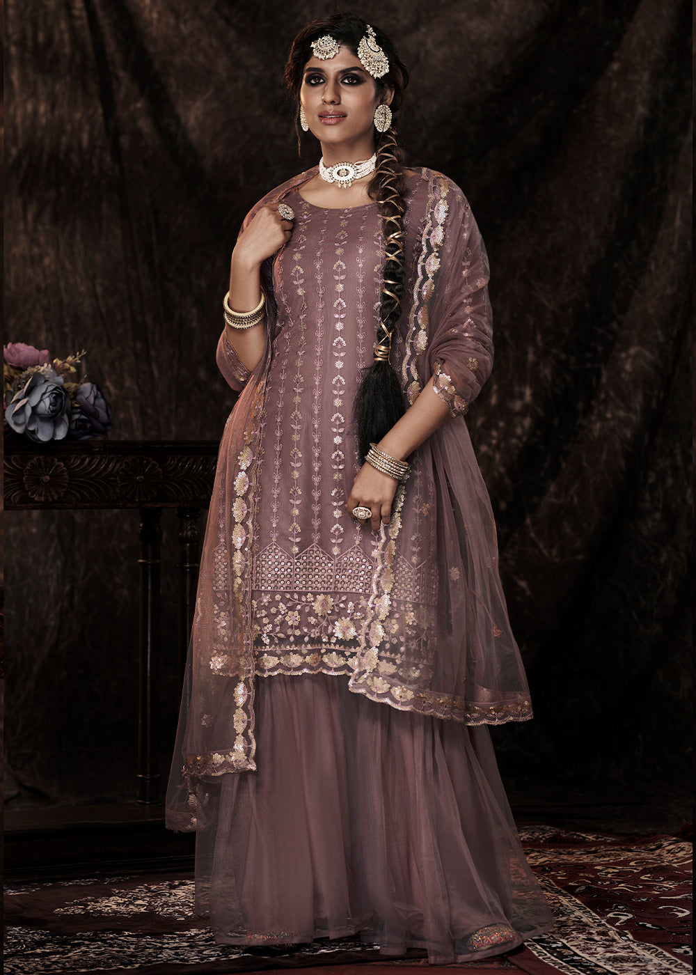 Plum Purple Designer Soft Net Sharara Suit with Sequin work