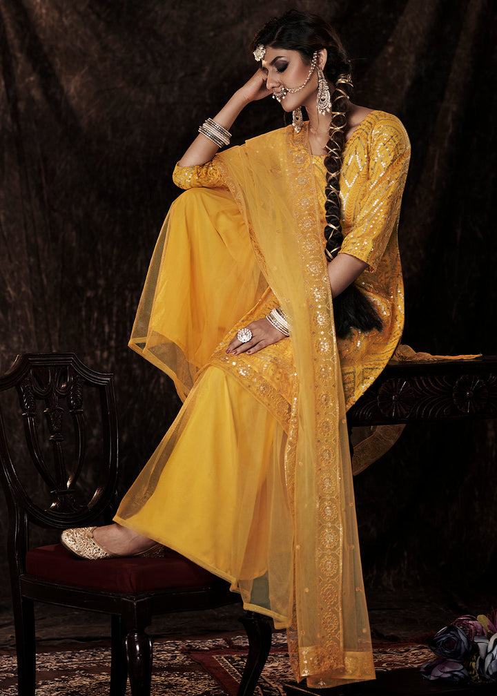 Golden Yellow Designer Soft Net Sharara Suit with Sequin work