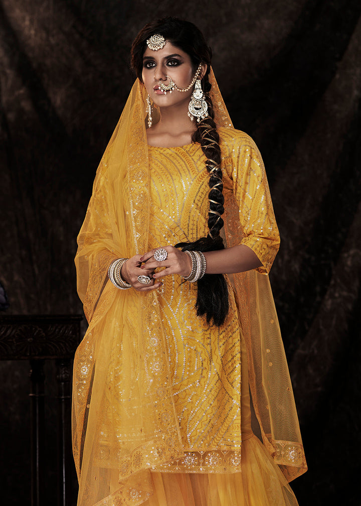 Golden Yellow Designer Soft Net Sharara Suit with Sequin work