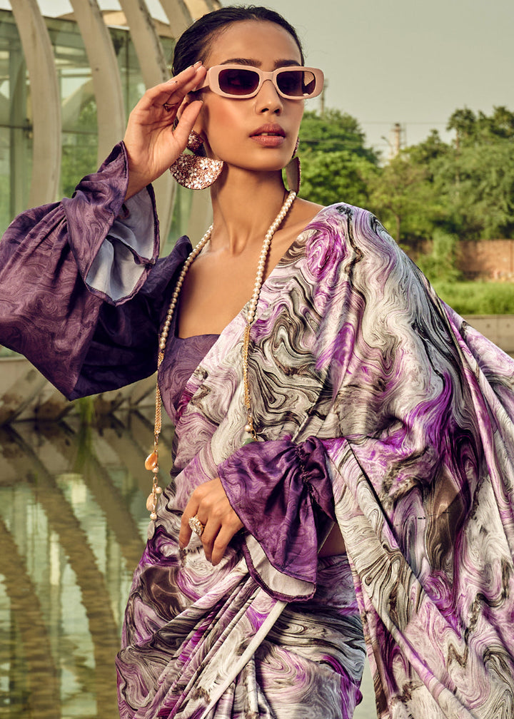 Shades Of Purple Digital Printed Satin Silk Saree