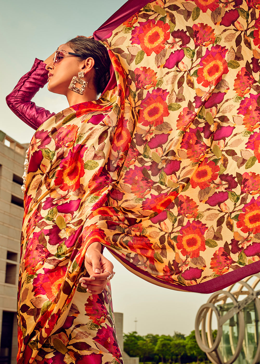 Pink & Orange Digital Printed Satin Silk Saree