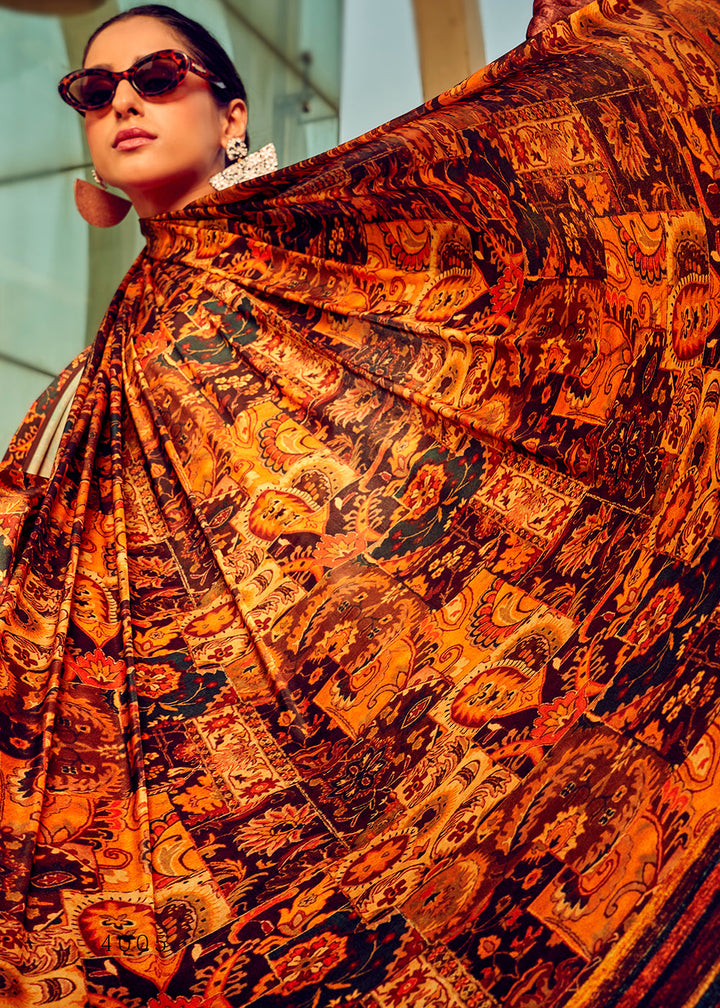Shades Of Brown Digital Printed Satin Silk Saree
