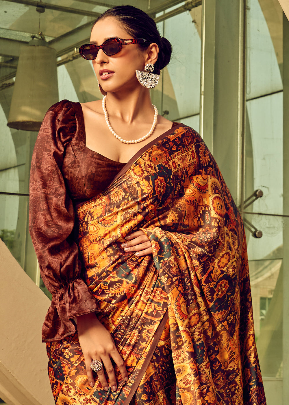 Shades Of Brown Digital Printed Satin Silk Saree