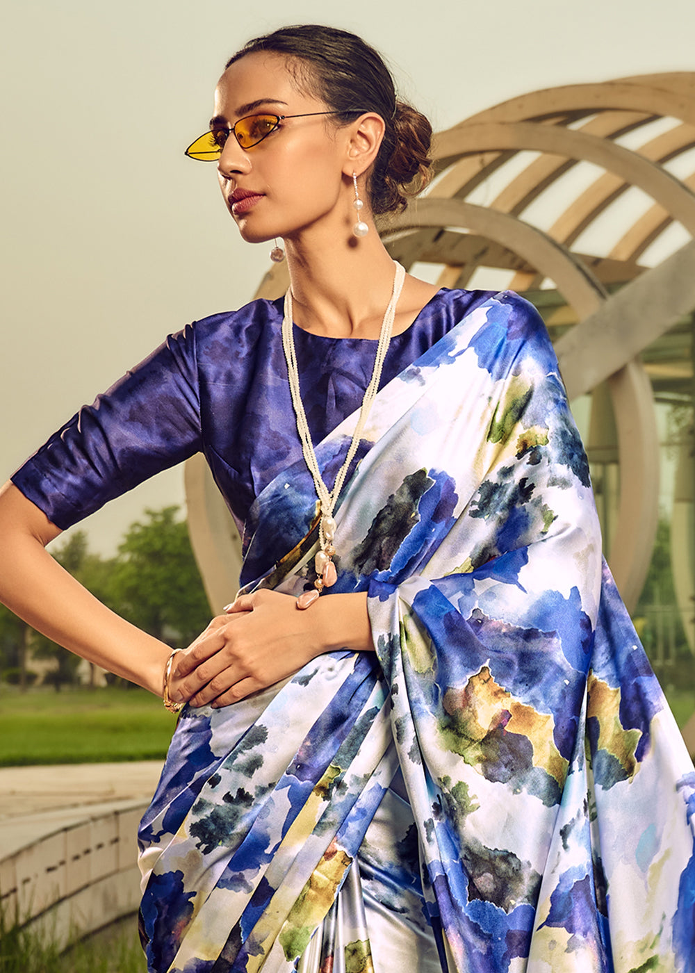 Azure Blue Digital Printed Satin Silk Saree