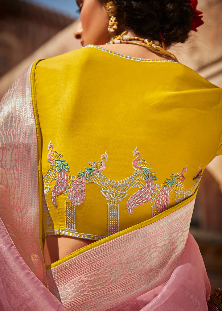 Baby Pink Woven Silk Saree with Embroidered Blouse: Top Pick