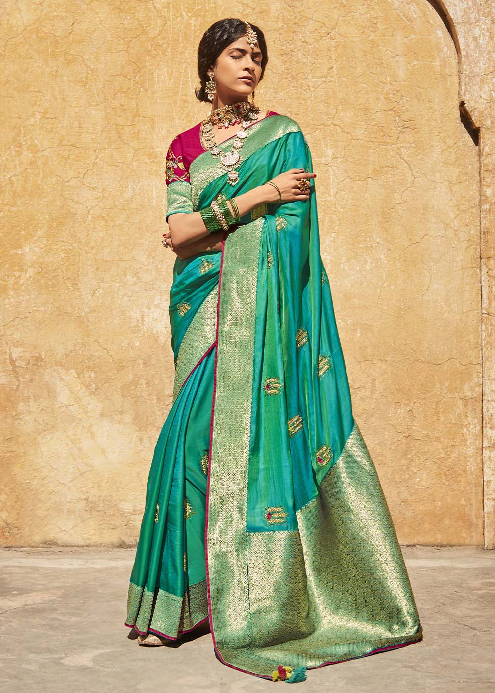 Shades Of Blue Woven Silk Saree with Embroidered Blouse