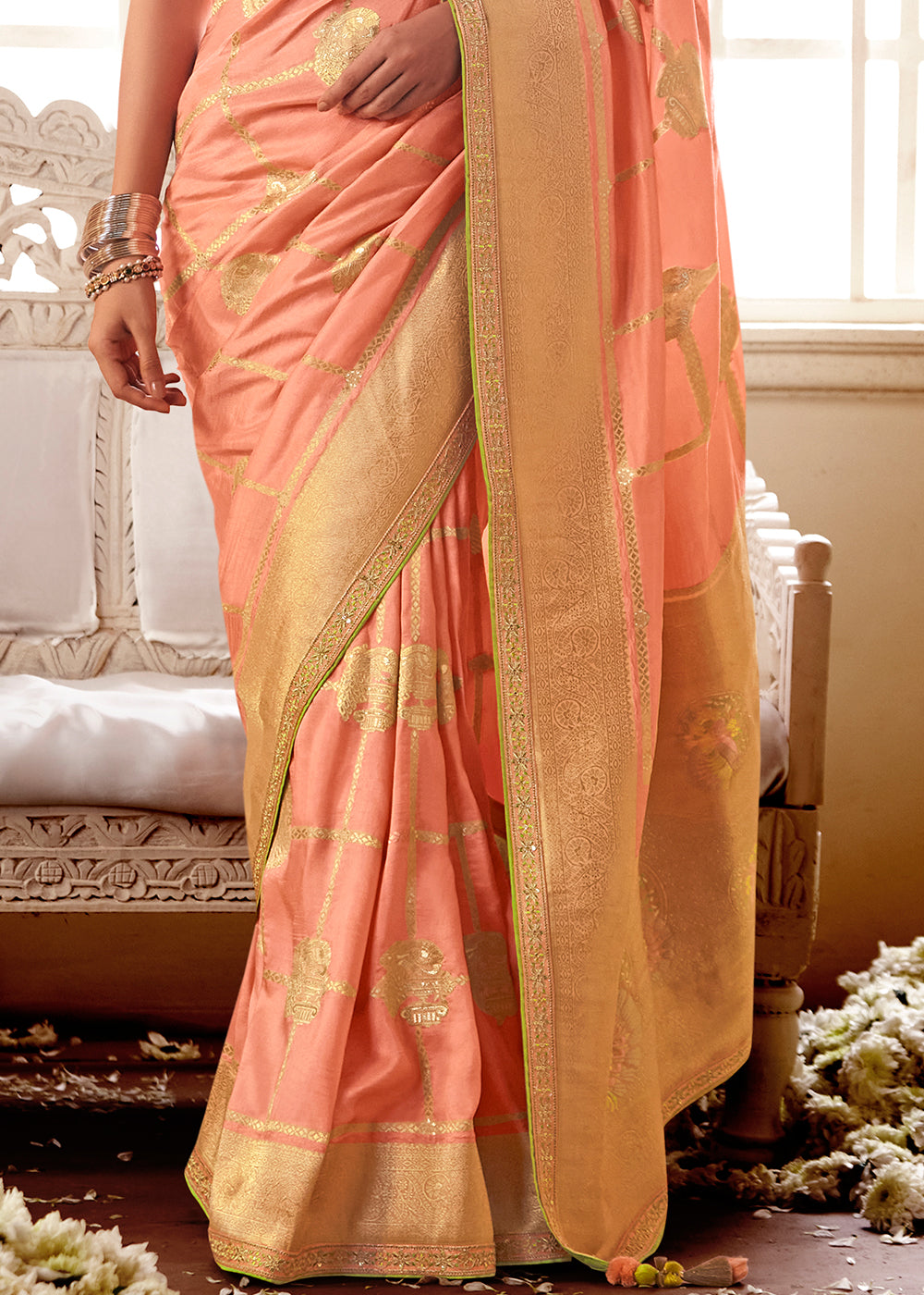 Peach Pink Woven Dola Silk Saree with Contrast Embroidered Border