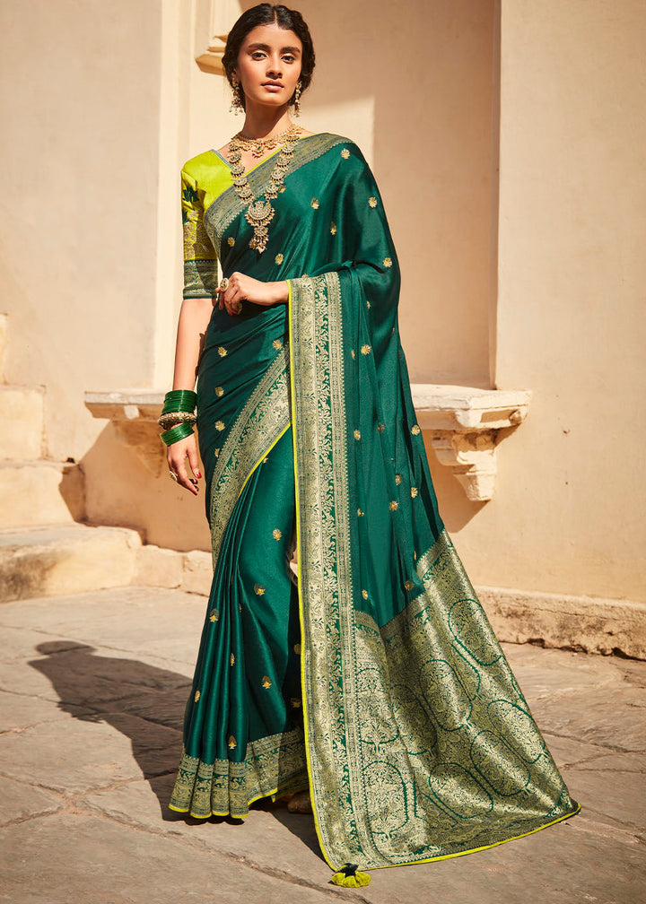 Dark Green Woven Silk Saree with Embroidered Blouse