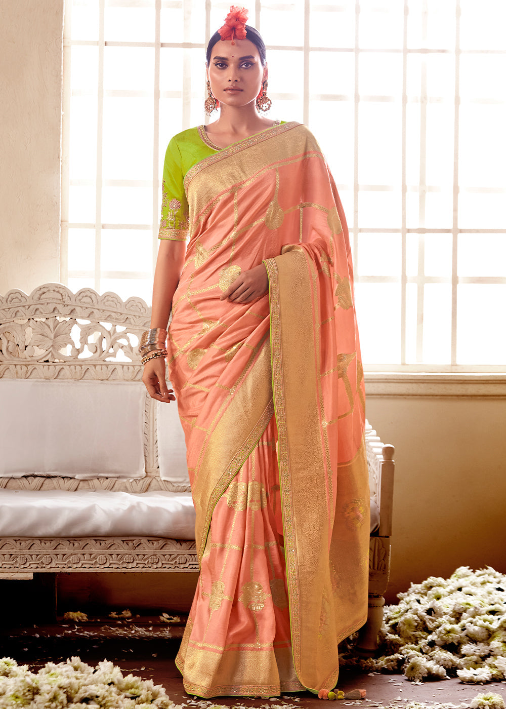 Peach Pink Woven Dola Silk Saree with Contrast Embroidered Border