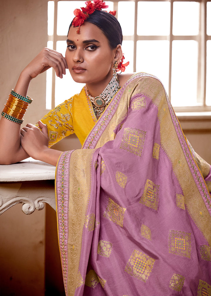 Lilac Purple Woven Dola Silk Saree with Contrast Embroidered Border