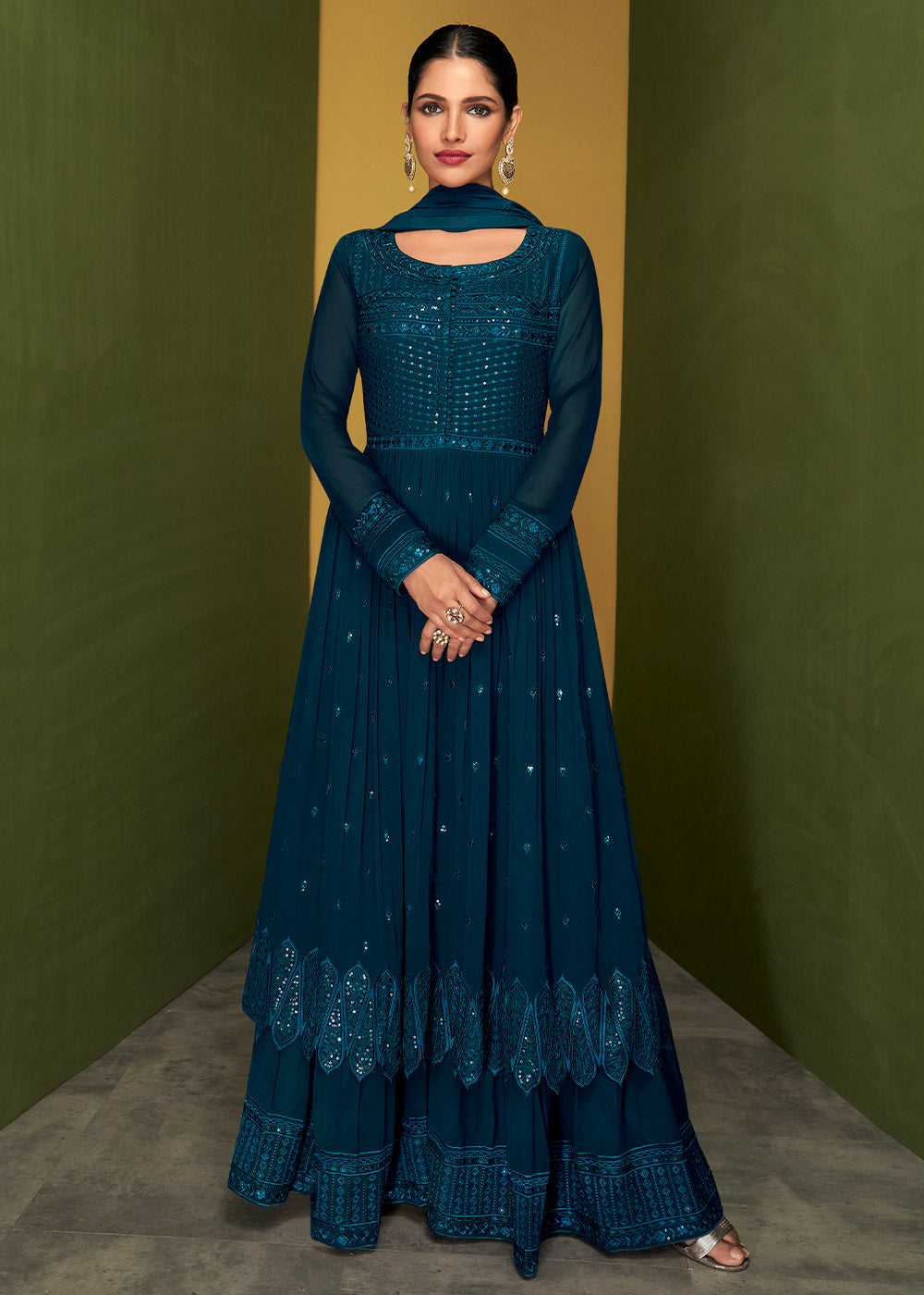 Space Blue Sequins & Embroidered Georgette Plazzo Suit