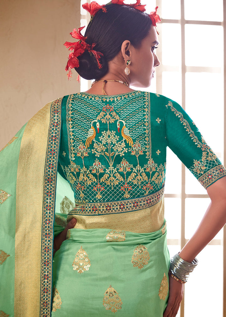 Pastel Green Woven Dola Silk Saree with Contrast Embroidered Border