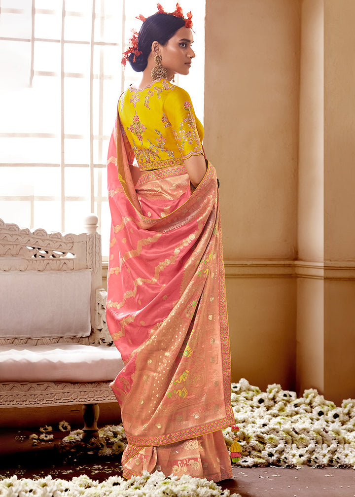 Punch Pink Woven Dola Silk Saree with Contrast Embroidered Border
