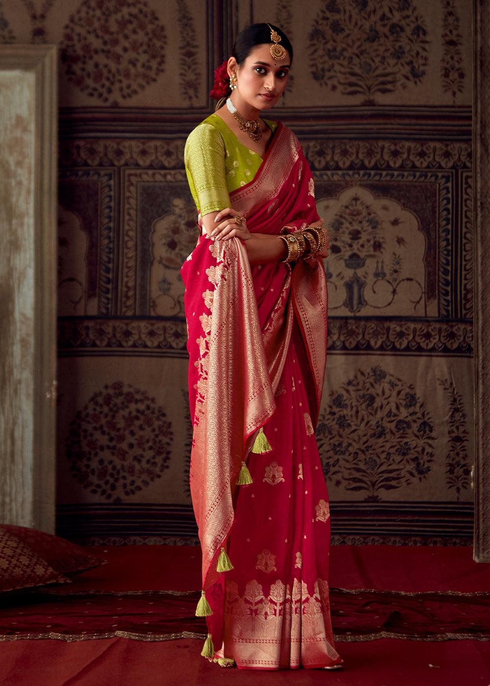Bridal Red Meenakari Weaving Dola Silk Saree
