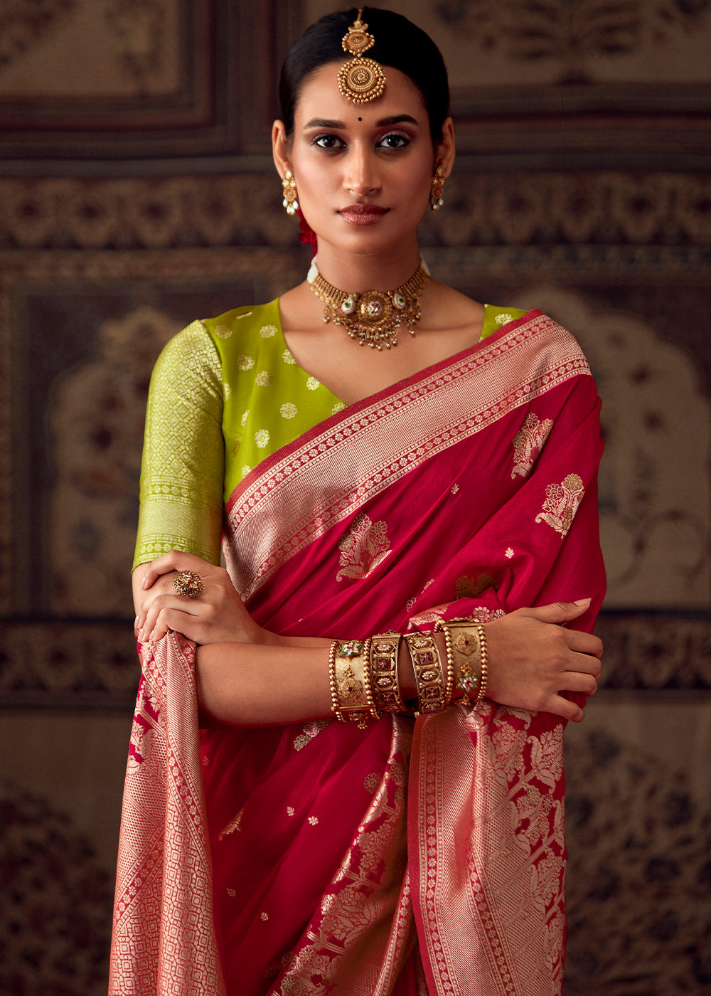 Bridal Red Meenakari Weaving Dola Silk Saree
