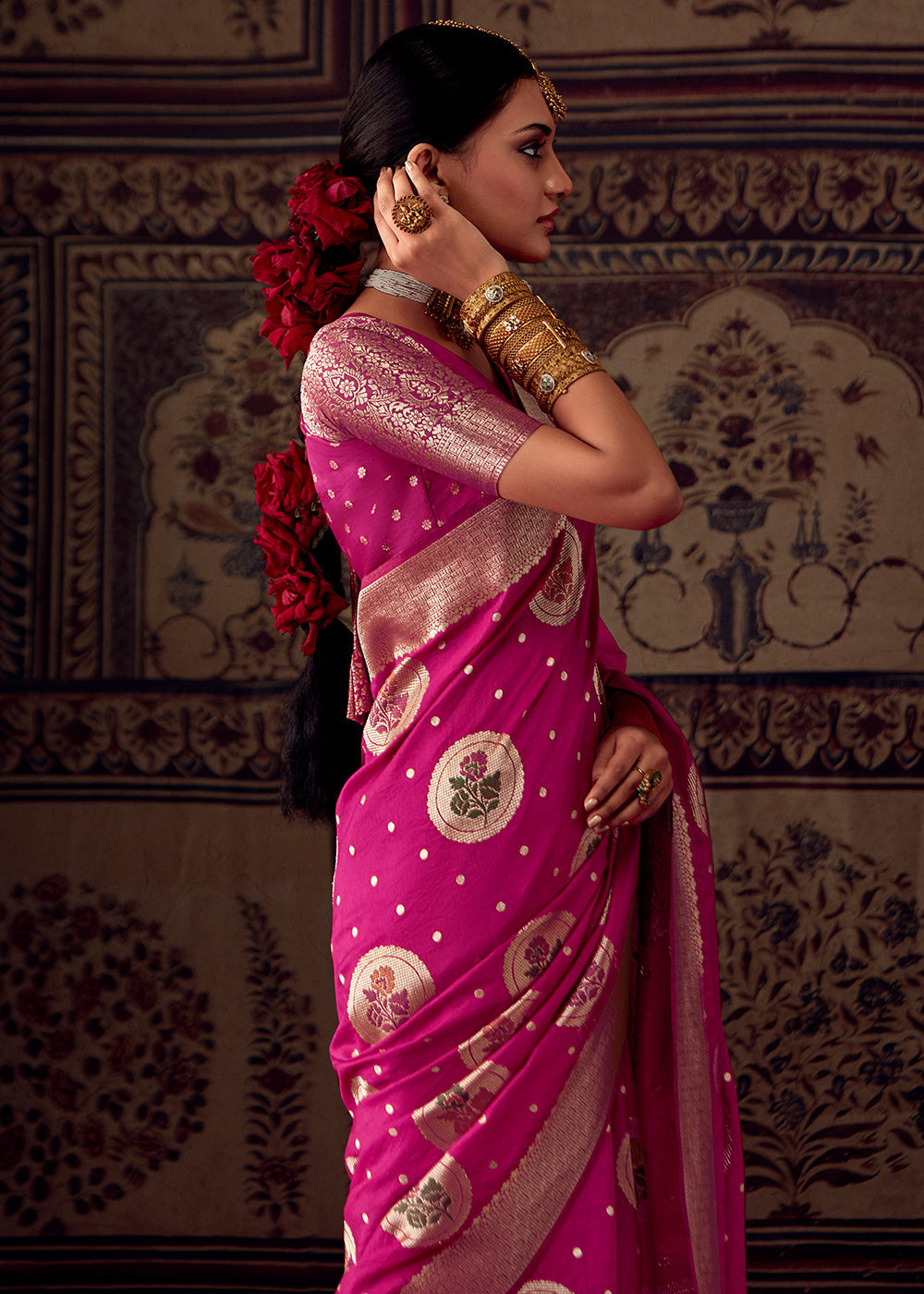 Magenta Pink Meenakari Weaving Dola Silk Saree