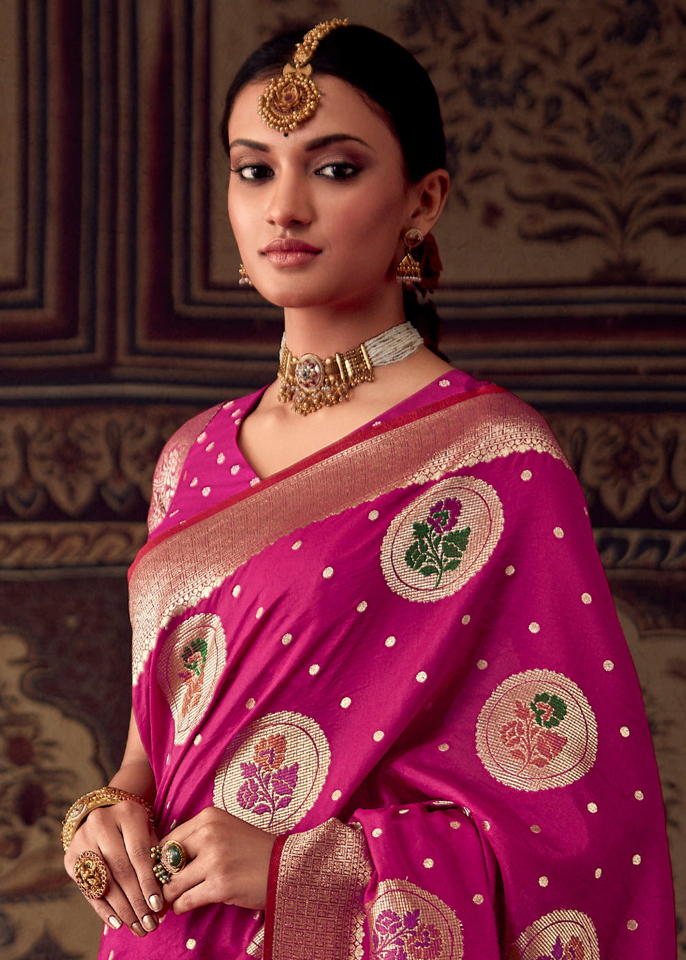 Magenta Pink Meenakari Weaving Dola Silk Saree