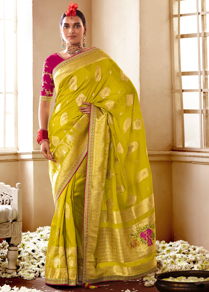 Suphur Spring Green Woven Dola Silk Saree with Contrast Embroidered Border