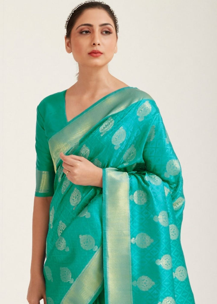 Turquoise Green Zari Butta Woven Banasari Silk Saree