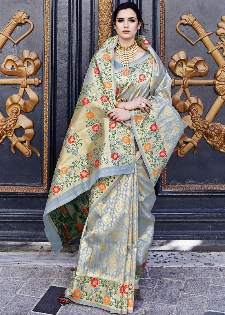 Flint Gray and Golden Blend Silk Saree with Floral Woven Border and Pallu