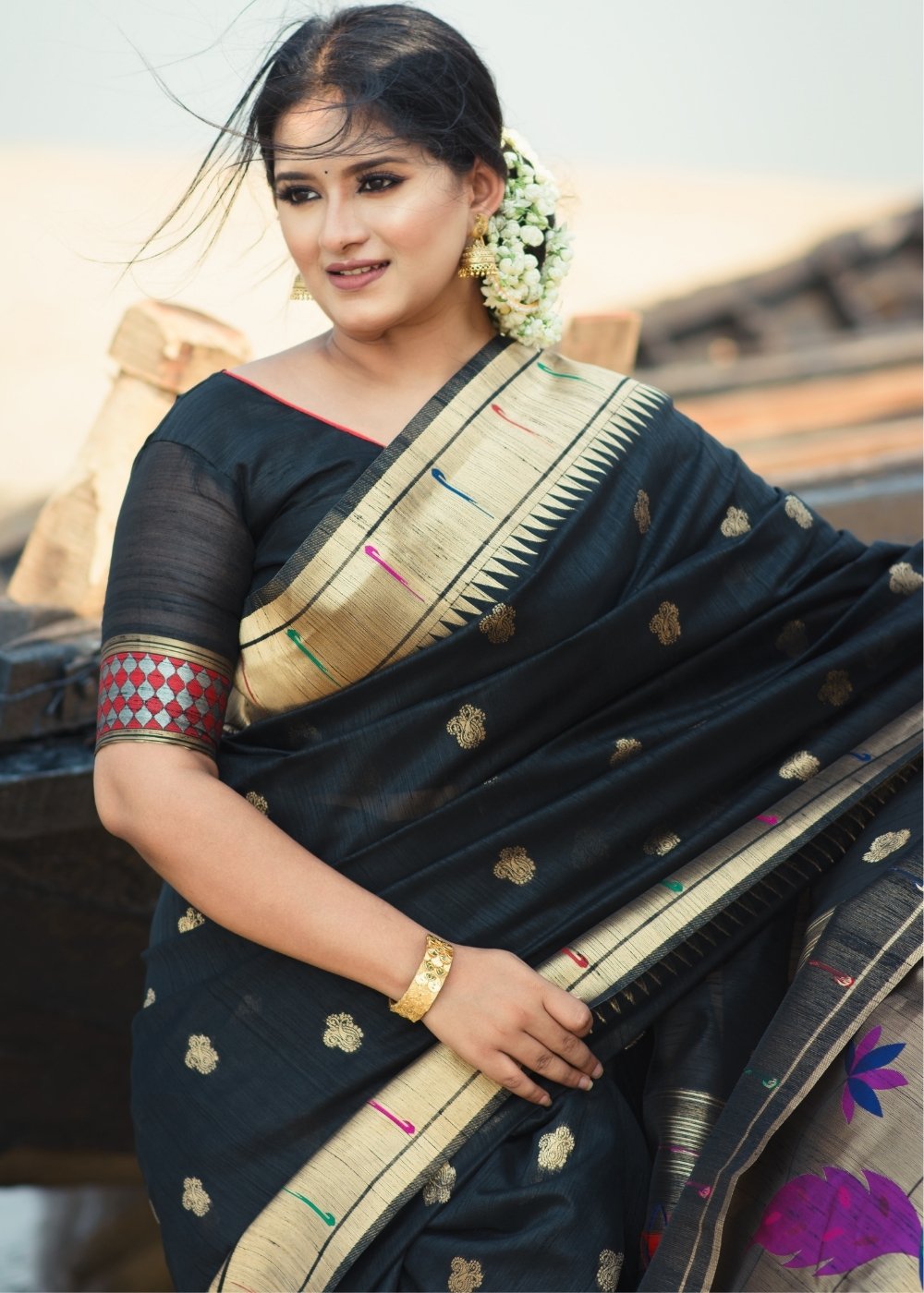 Midnight Black Paithani Tussar Silk Saree with Jacquard Weaving Butta overall