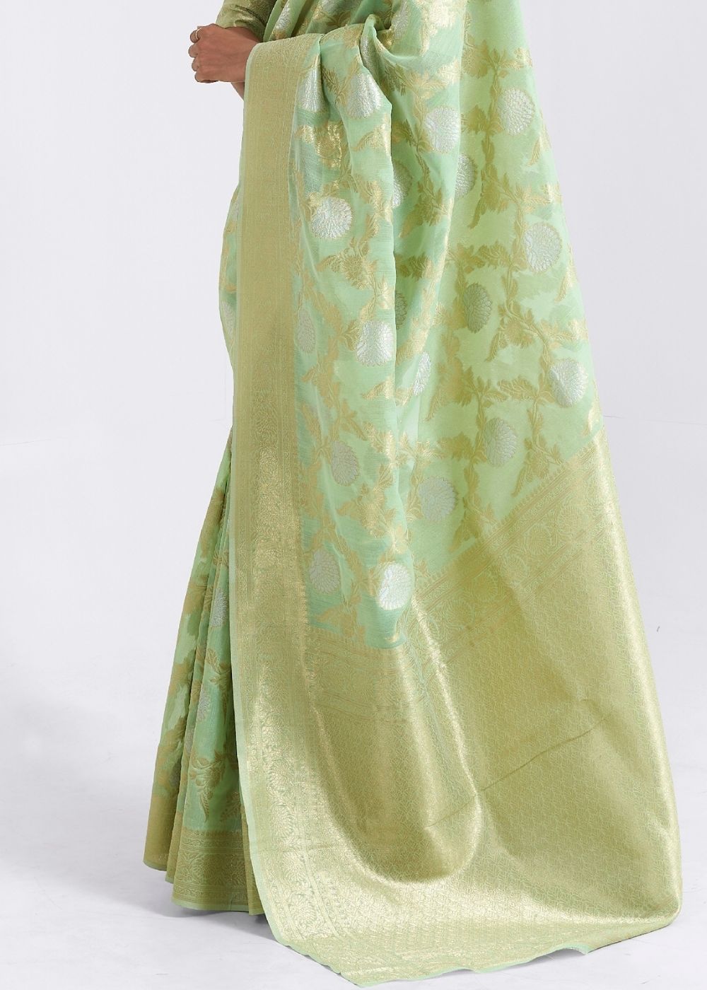 Mint Green Zari Woven Linen Silk Saree