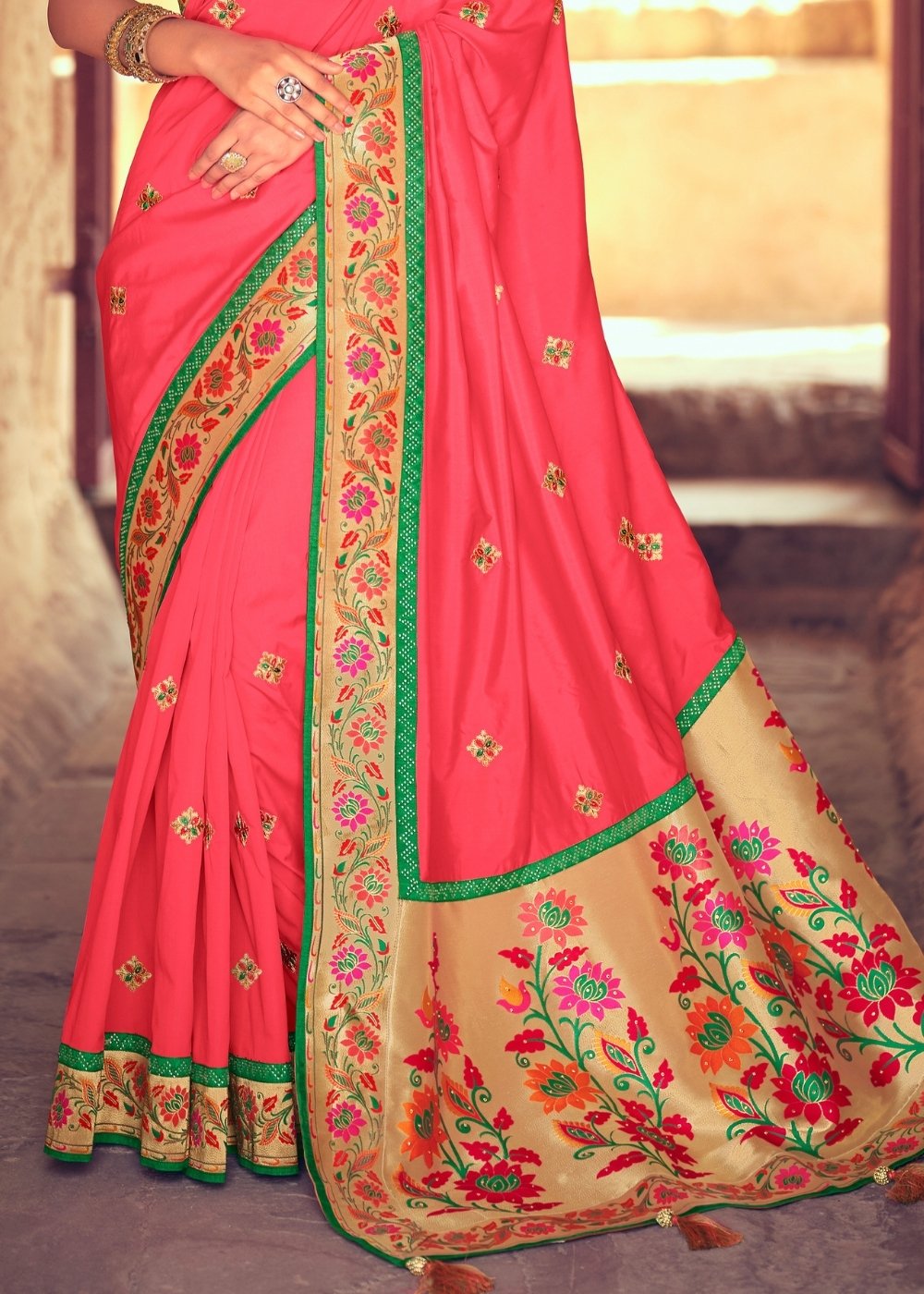 Raspberry Pink Woven Paithani Banarasi Silk Saree with Swarovski work & Embroidered Blouse