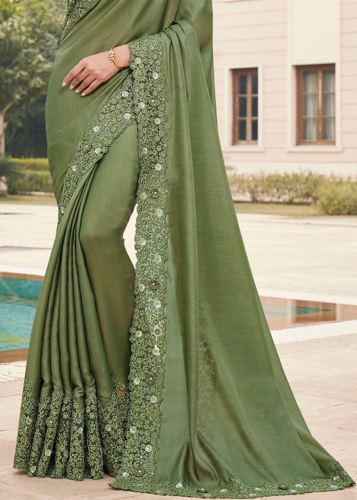 Olive Green Designer Satin Georgette Saree with Embroidery work