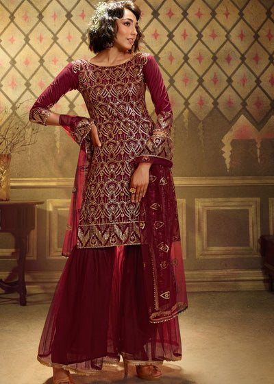 Berry Red Designer Soft Net Sharara Suit with overall Sequins work
