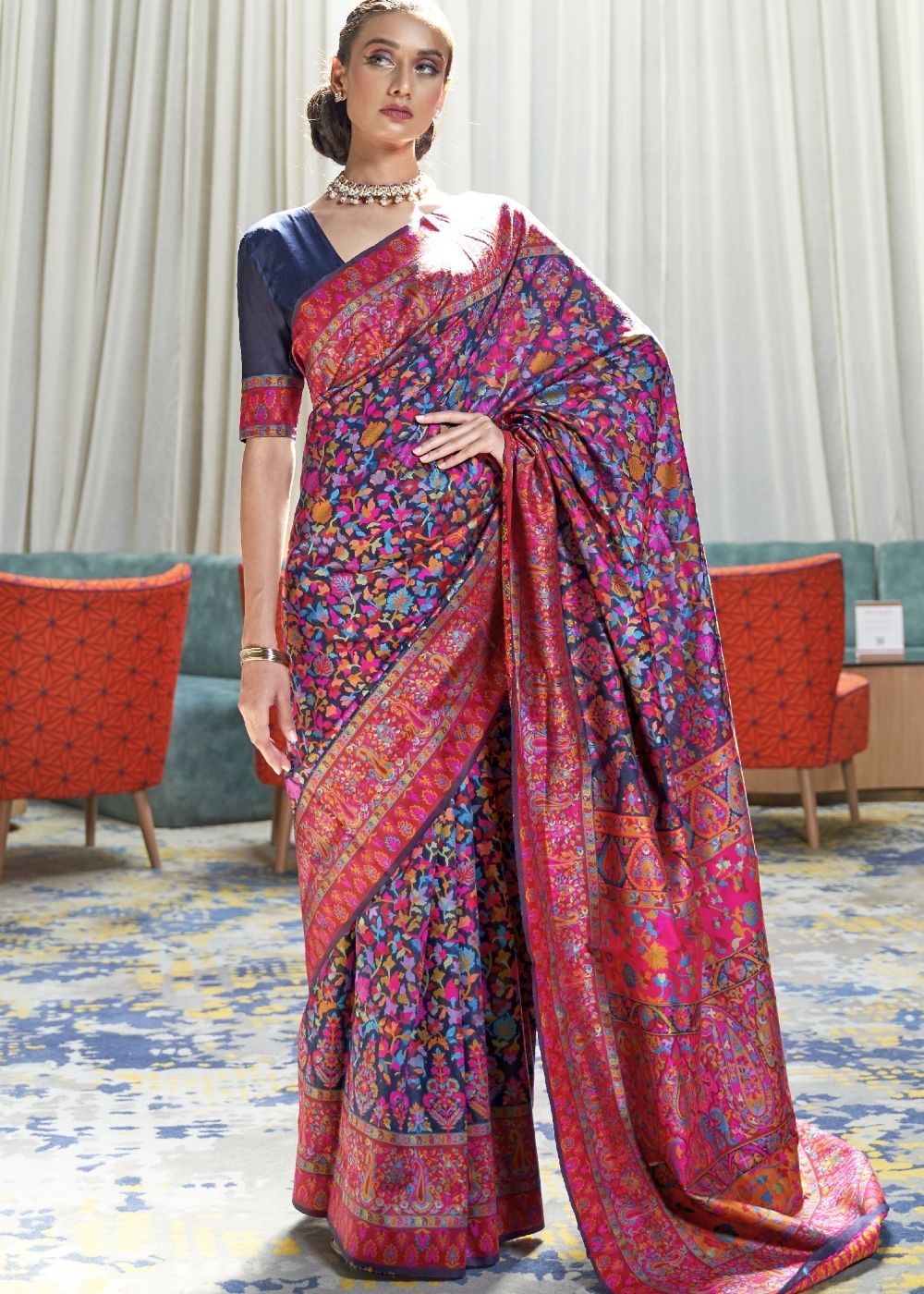 Royal Blue Banarasi Jamawar Woven Silk Saree