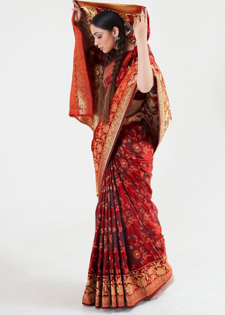 Maroon Red Zari Woven Banarasi Silk Saree