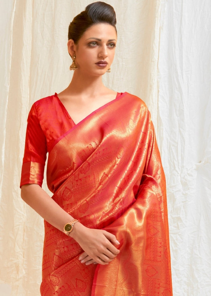 Scarlet Red & Golden Blend Kanjivaram Silk Saree