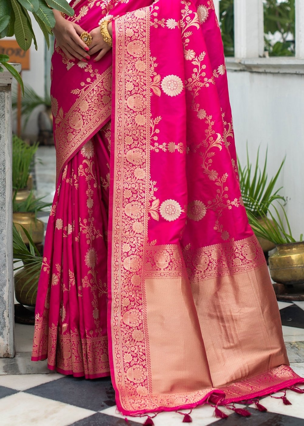 Magenta Pink Soft Banarasi Silk Saree with Floral Zari work