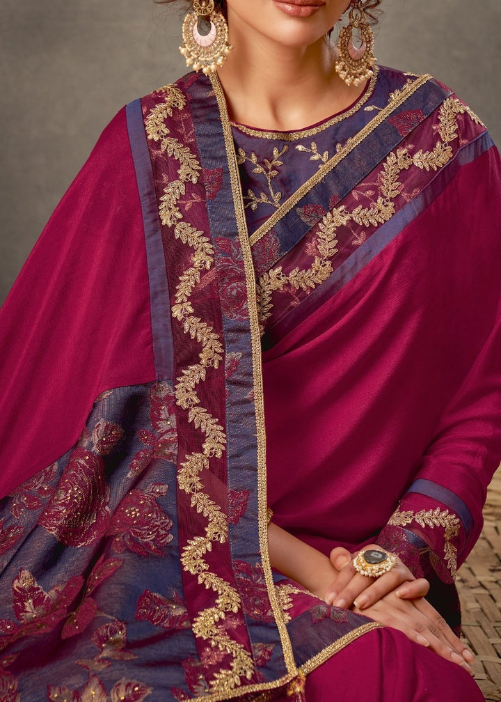 Magenta Pink Georgette Silk Saree with Cord & Sequins Embroidery