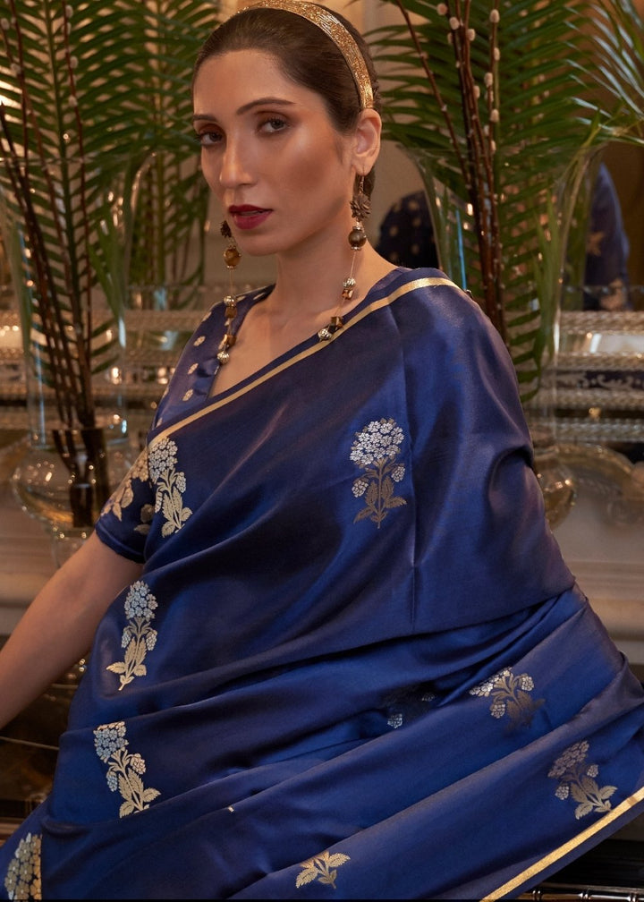 Midnight Blue Designer Satin Silk Saree