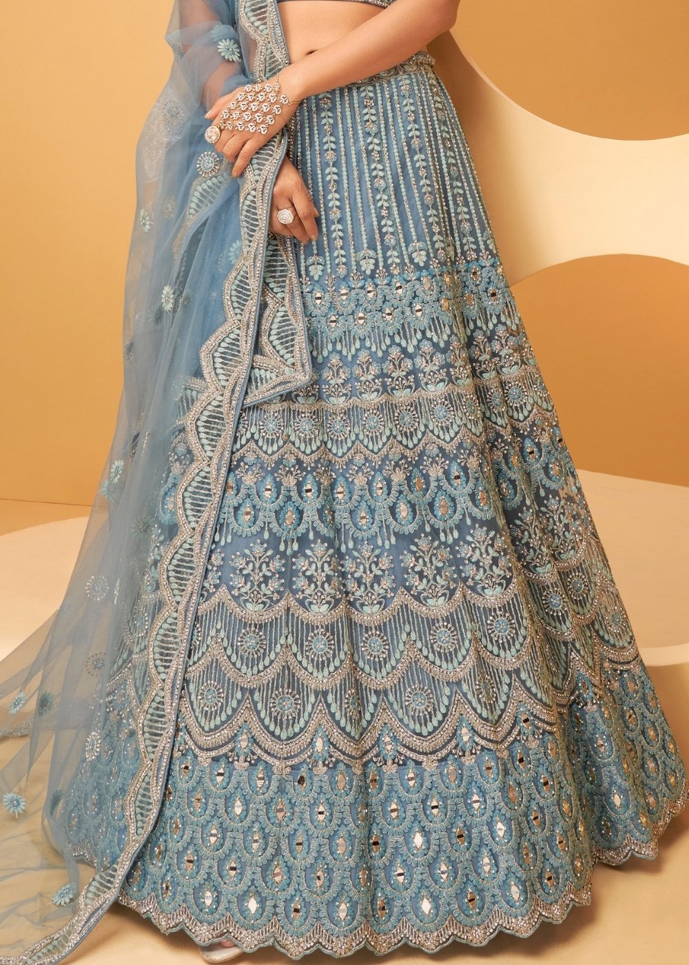 Steel Blue Net Lehenga Choli with Floral Cording, Sequins, Mirror & Thread work