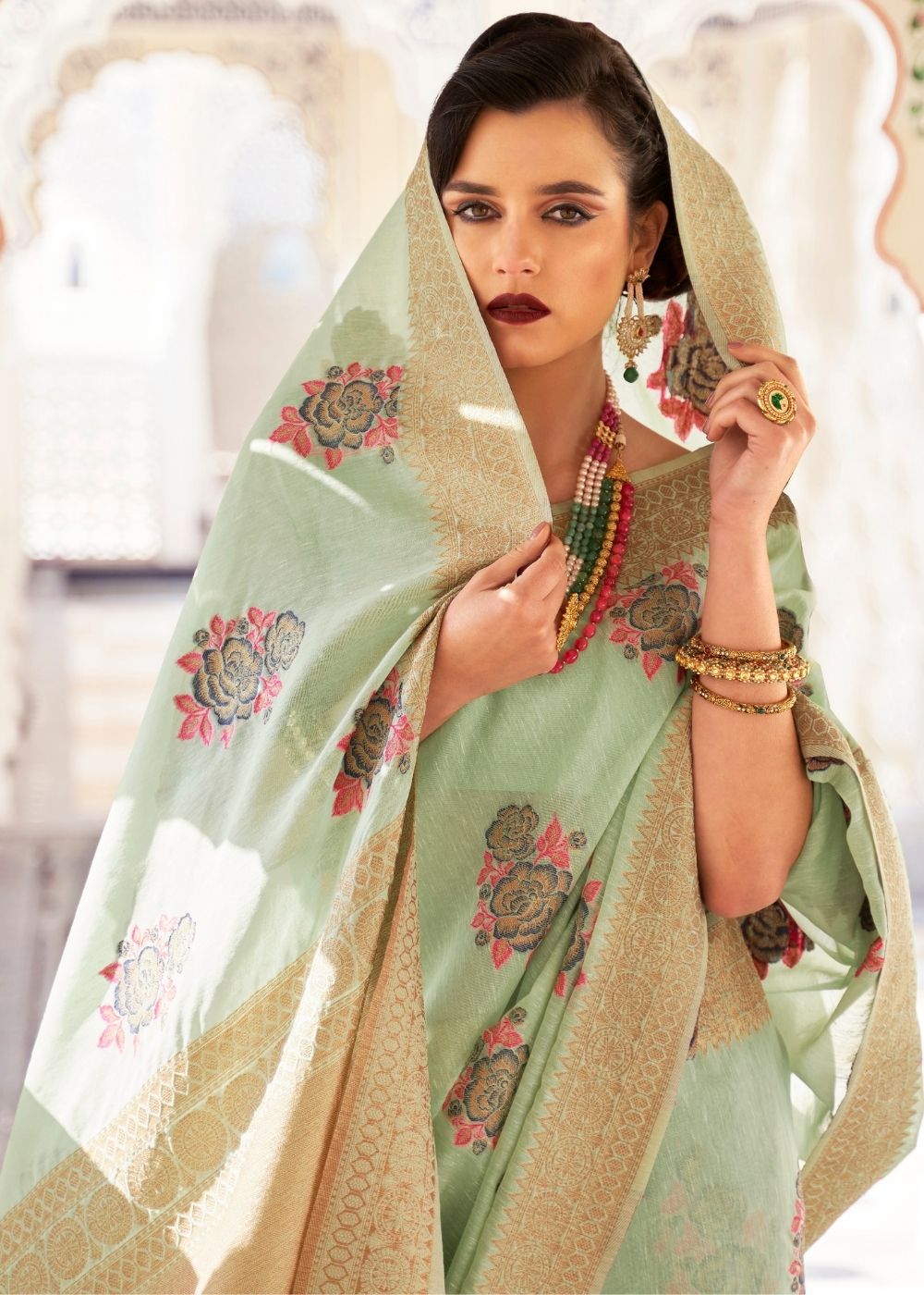Pastel Green Pure Linen Woven Silk Saree with Resham work