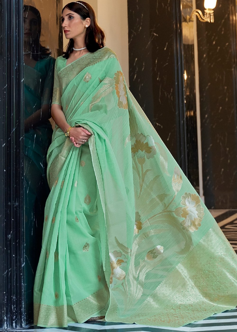 Fern Green Zari Woven Linen Silk Saree