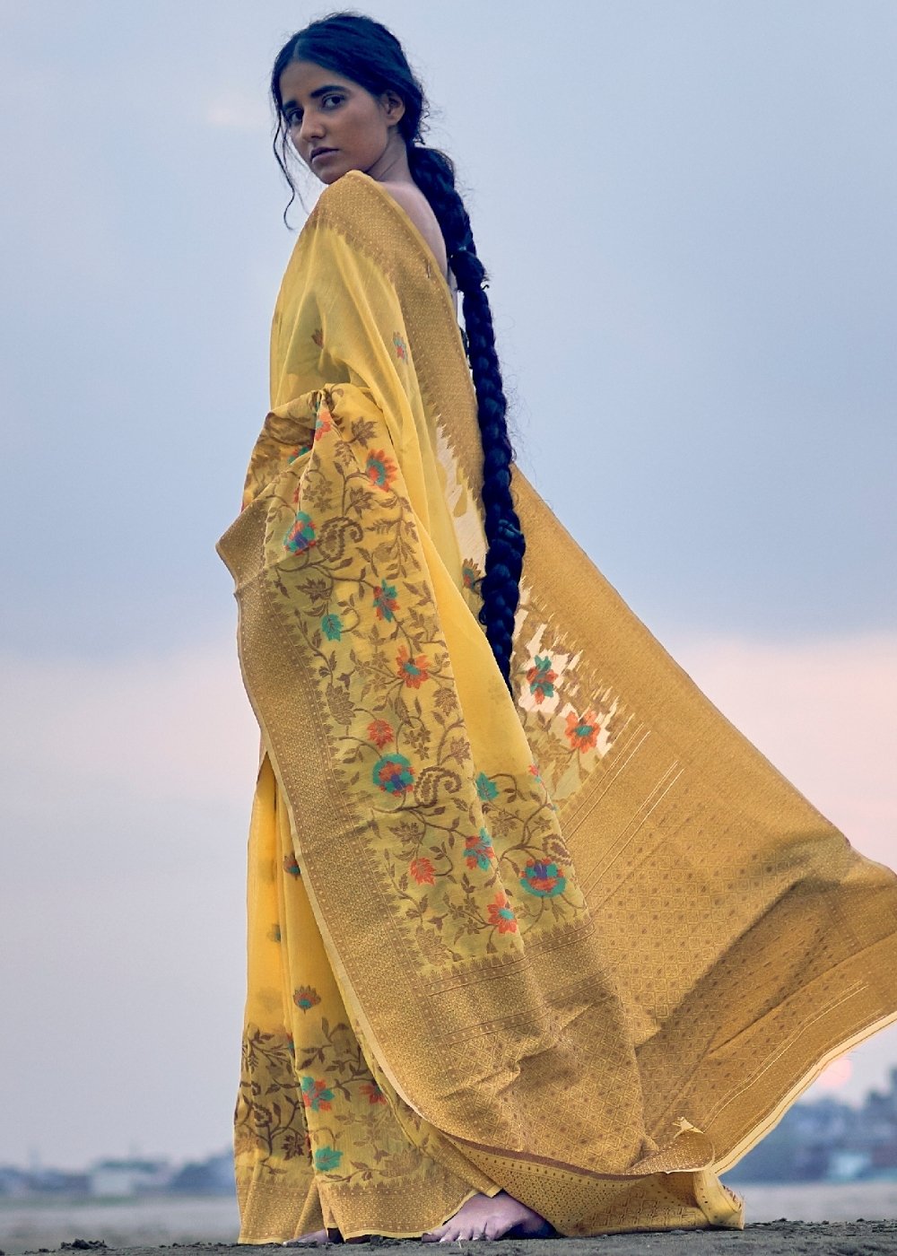 Tuscany Yellow Woven Linen Silk Saree with Floral Motif on Pallu and Border