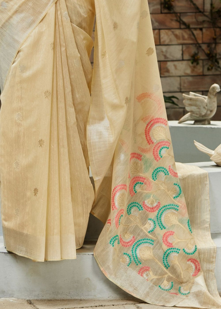 Ivory White Banarasi Cotton Silk Saree with Floral Motif Pallu