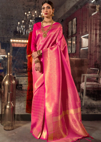 Hot Pink and Golden Blend Kanjivaram Soft Woven Silk Saree