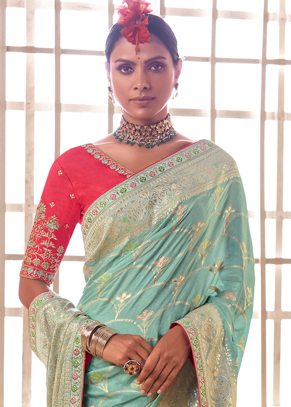 Turquoise Green Woven Dola Silk Saree with Contrast Embroidered Border