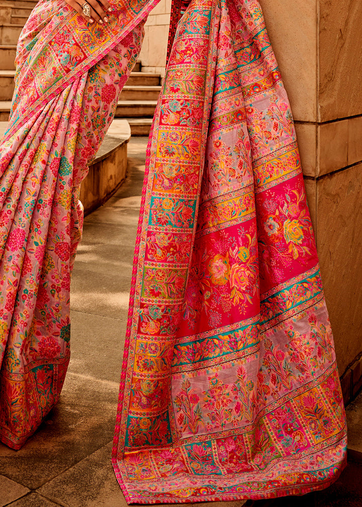Light Baby Pink Woven Kashmiri Jamawar Silk Saree