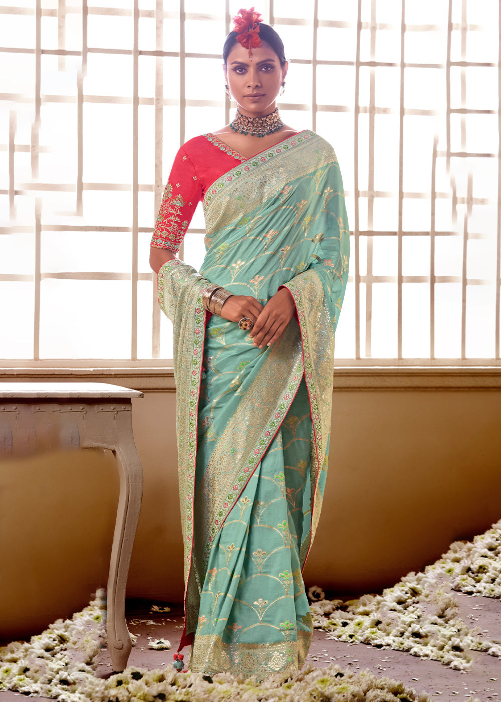 Turquoise Green Woven Dola Silk Saree with Contrast Embroidered Border