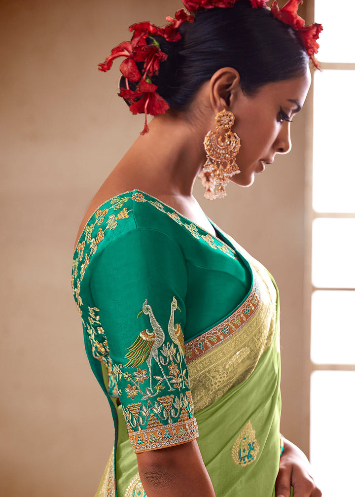 Light Green Woven Dola Silk Saree with Contrast Embroidered Border