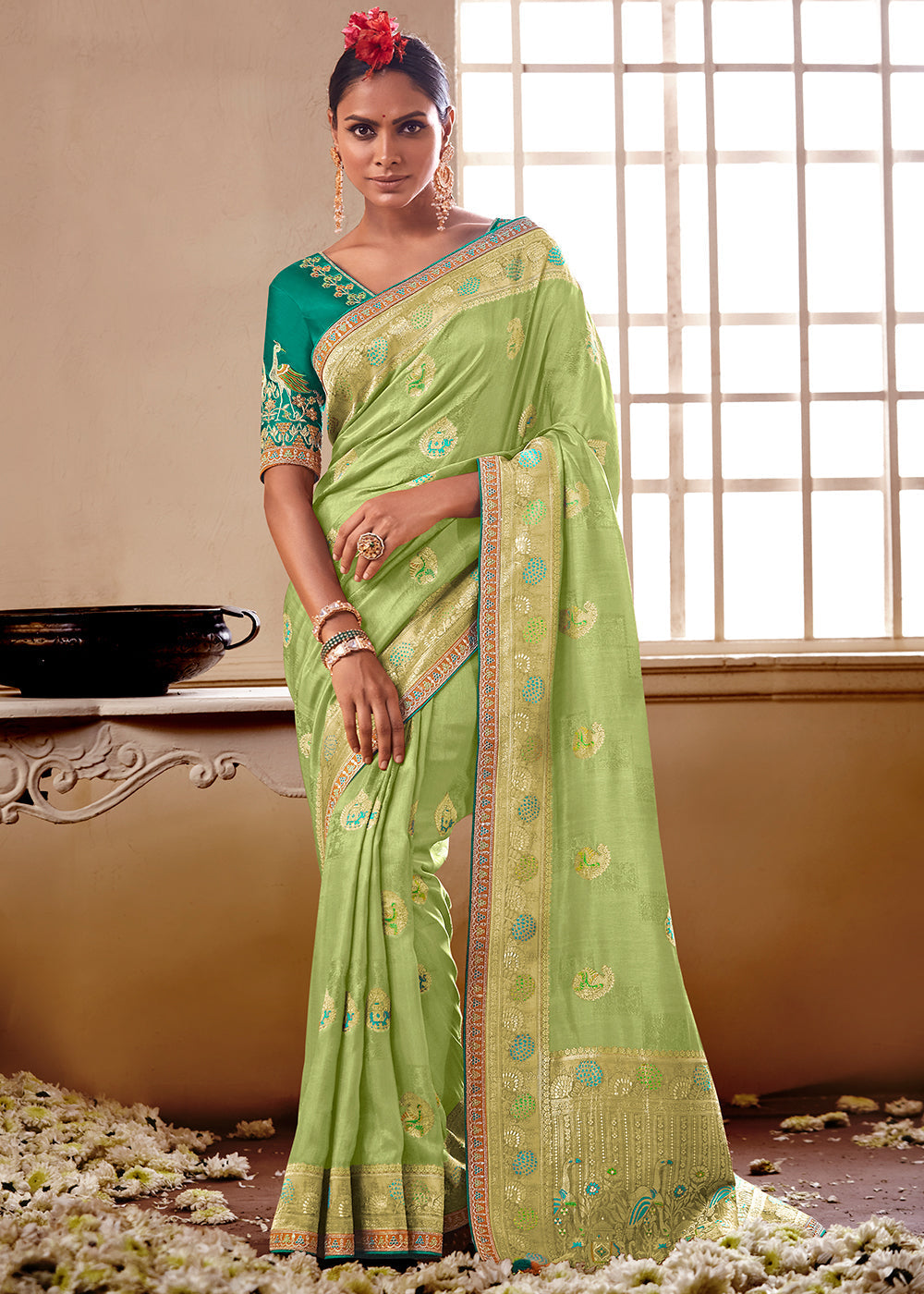Light Green Woven Dola Silk Saree with Contrast Embroidered Border