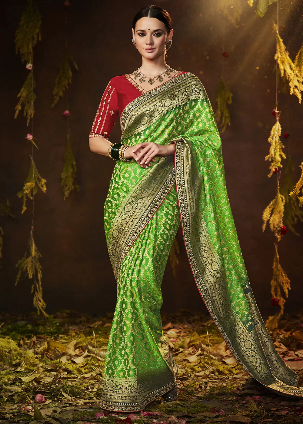 Screamin Green Zari Weaving Georgette Silk Saree with Embroidery Designer Blouse