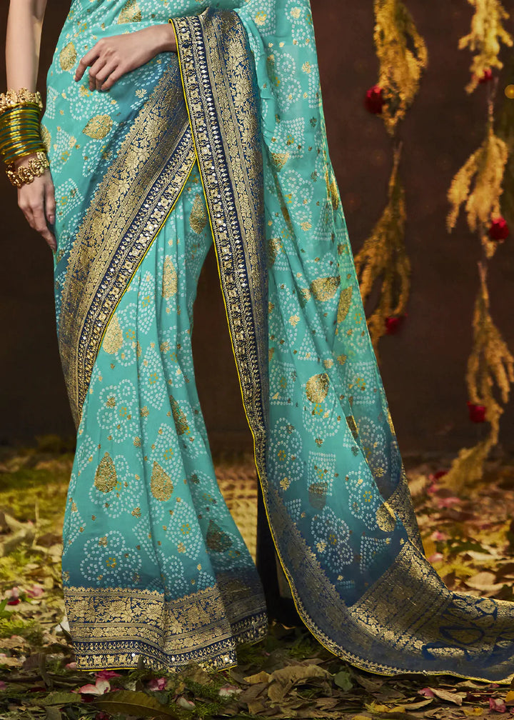 Shades Of Blue Zari Weaving Georgette Silk Saree with Embroidery Designer Blouse