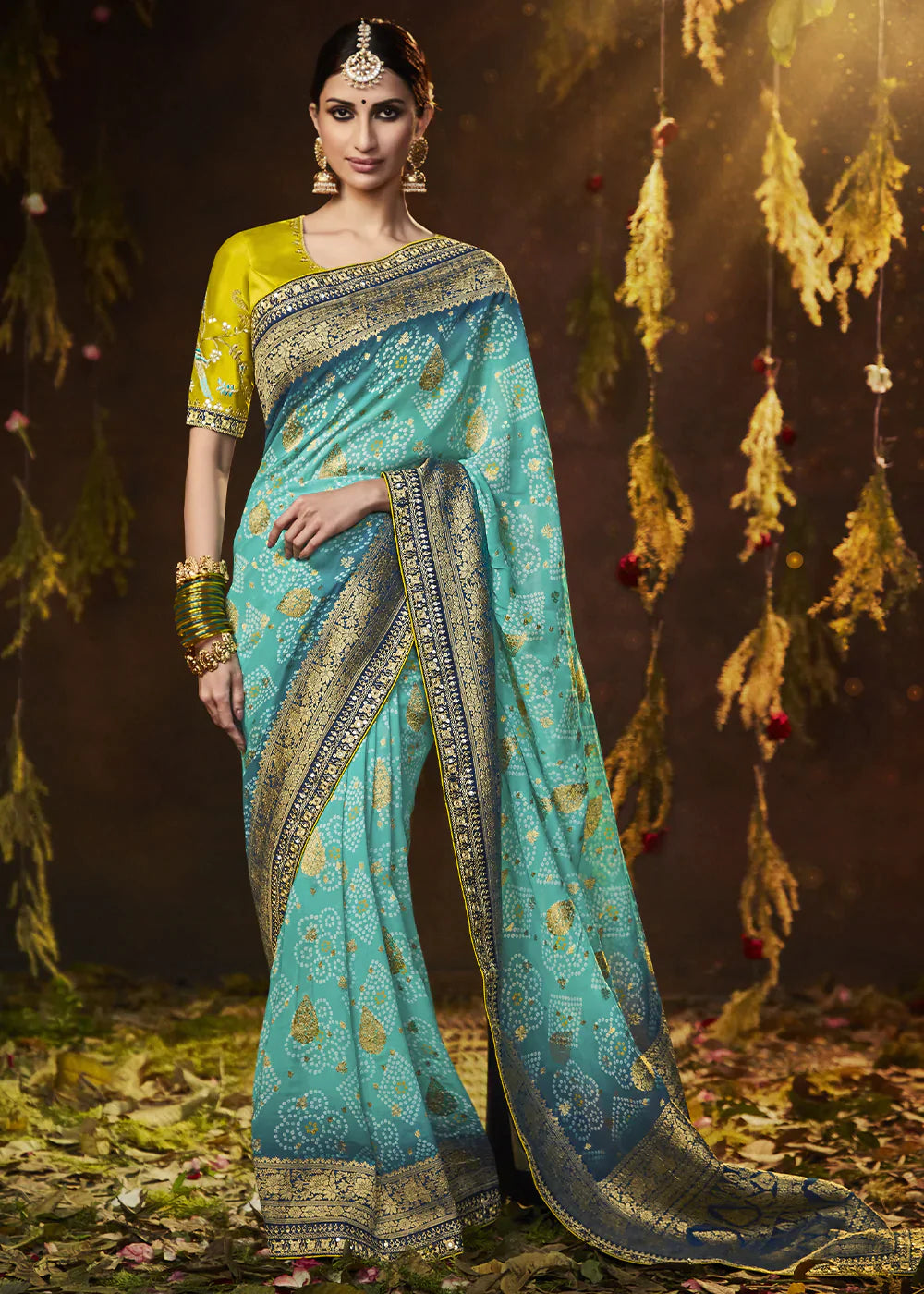 Shades Of Blue Zari Weaving Georgette Silk Saree with Embroidery Designer Blouse